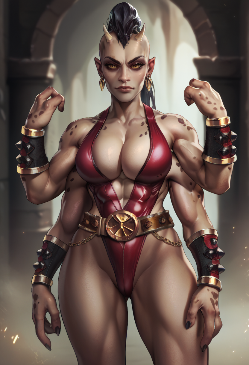 score_9,score_8_up,score_7_up,
sheevaxl,4 arms,yellow eyes,
red one-piece swimsuit,bracer,earrings,black hair,toned,tiny  head horns,looking at viewer,cleavage,gold belt,
dungeon,<lora:Sheevaxl:0.8>,