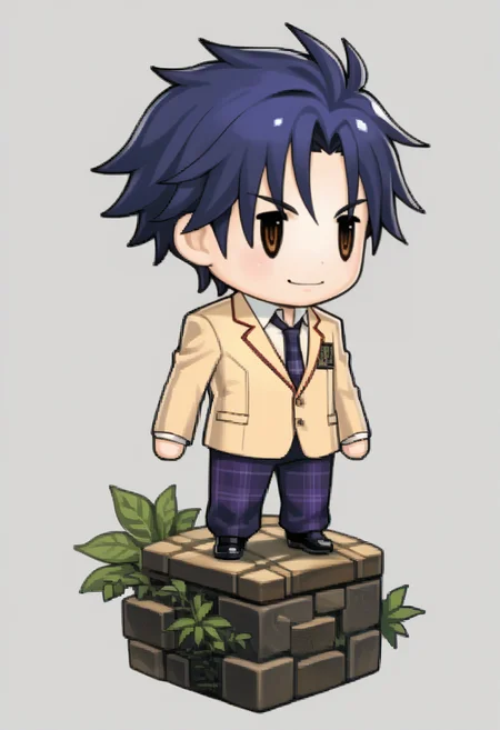 score_9, score_8_up, score_7_up, source_anime, 1boy, solo, smile
<lora:zs_PictlogicaStyleXL:1> ffpictlogicastyle, chibi, full body, faux figurine, white background
<lora:zs_TakumiXL:1> takumichaos, short hair, blue hair, brown eyes, blazer, shirt, blue necktie, plaid pants, black shoes