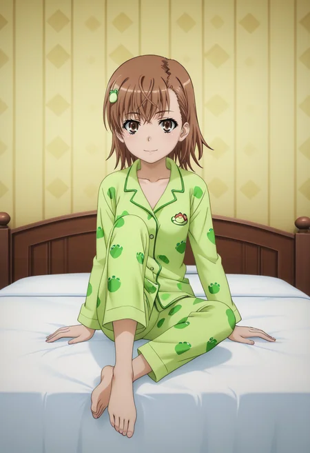 newest, masterpiece, best quality, 4k,
indoors, bedroom,very aesthetic, detailed background, full body,
1girl, solo,  <lora:MisakaPony:1>m1saka, misaka mikoto, brown hair, short hair, hair ornament, brown eyes, green pajamas, animal print, frog print, gekota, sitting on bed