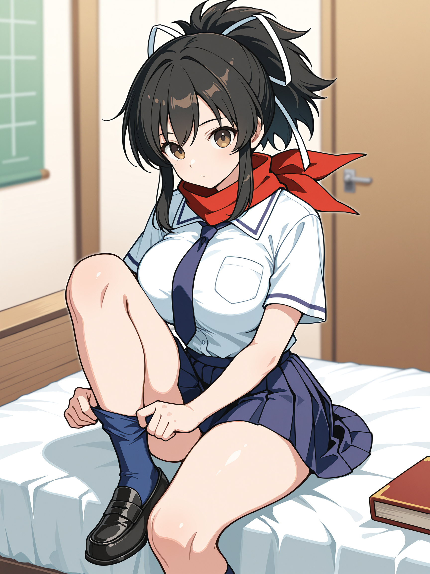 masterpiece, best quality, amazing quality, by [diyokama|say hana|lam]
(solo:1.4), Asuka_IL, brown eyes, black hair, ponytail, white hair ribbon, large breasts, red scarf, hanzo_school_clothes, white shirt, short sleeves, blue stripe piping, blue necktie, blue skirt, pleated skirt, blue knee socks, black loafers
sitting, adjusting clothes, knee up, foot out of frame, highleg, indoors, thighs, closed mouth, thighhighs pull, on bed, book, adjusting legwear, blurry
<lora:SK_Asuka_IL:0.8>