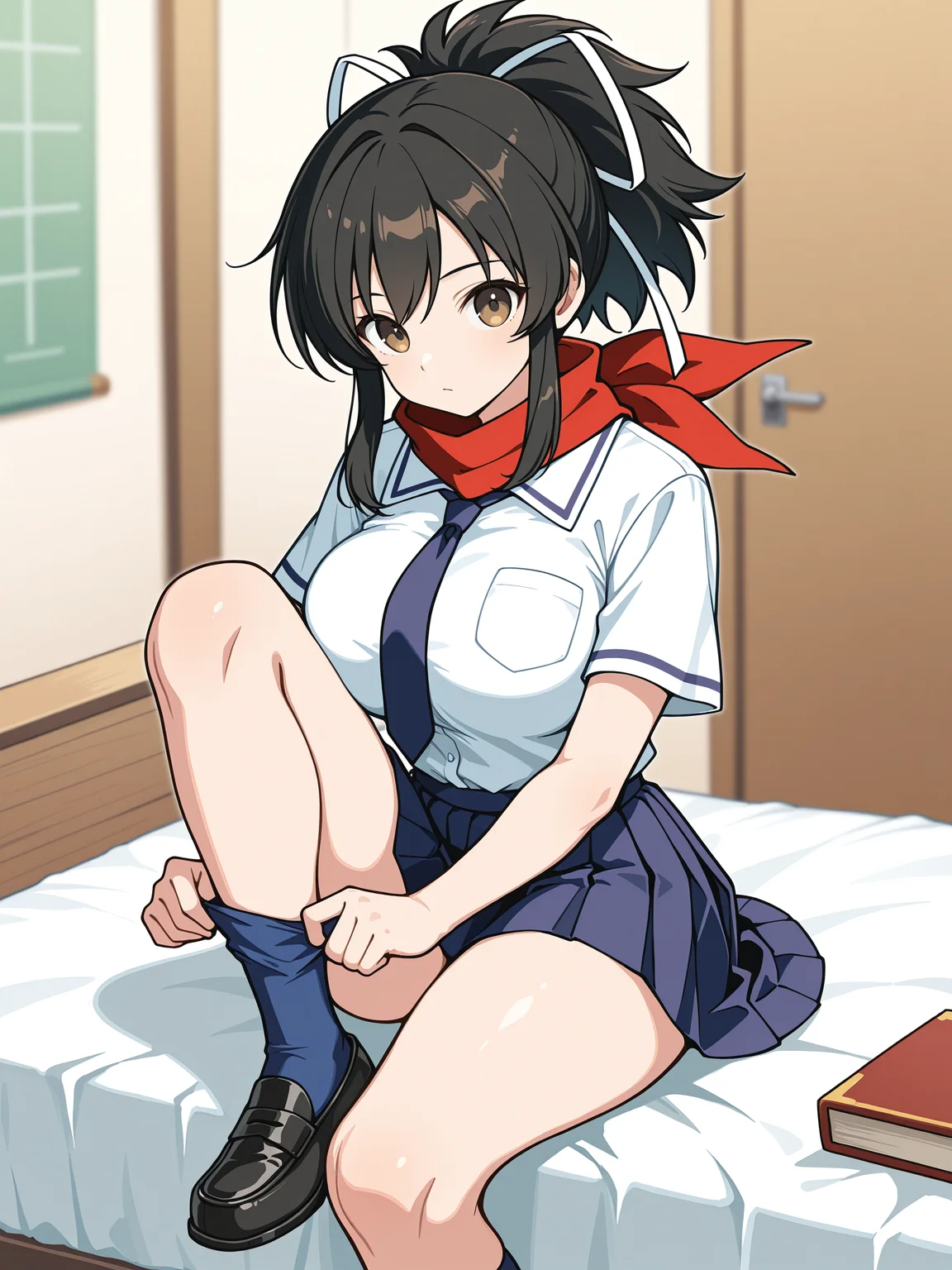 masterpiece, best quality, amazing quality, by [diyokama|say hana|lam]
(solo:1.4), Asuka_IL, brown eyes, black hair, ponytail, white hair ribbon, large breasts, red scarf, hanzo_school_clothes, white shirt, short sleeves, blue stripe piping, blue necktie, blue skirt, pleated skirt, blue knee socks, black loafers
sitting, adjusting clothes, knee up, foot out of frame, highleg, indoors, thighs, closed mouth, thighhighs pull, on bed, book, adjusting legwear, blurry
<lora:SK_Asuka_IL:0.8>
