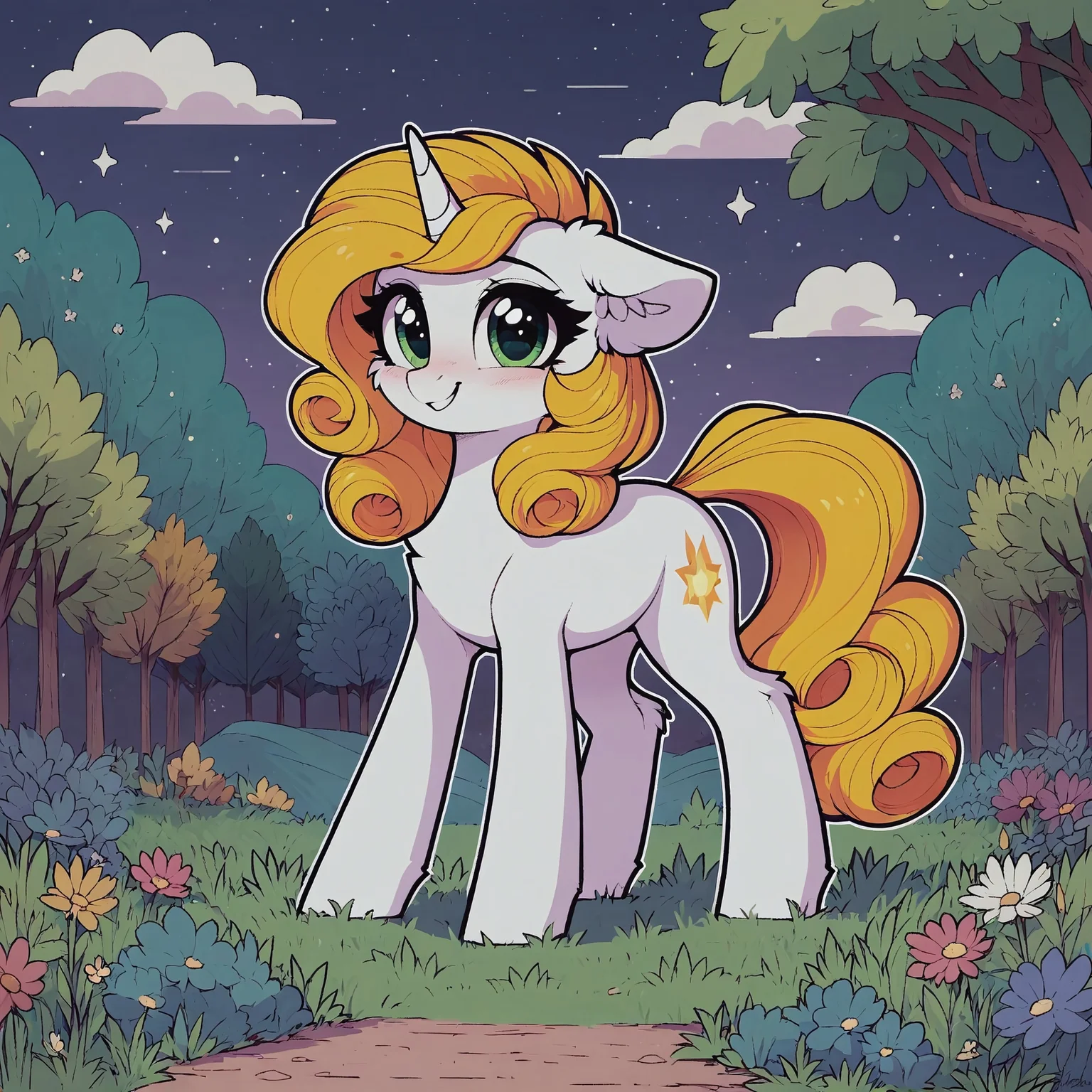 score_9, score_8_up, score_7_up, score_6_up, score_5_up, score_4_up, (thick outline:1.0), white unicorn pony, white skin, yellow curly hair, green eyes, blushing, cheek fluff, cute, ear fluff, female, floppy ears, high res, leg fluff, mare, smiling, look at you, solo, starry eyes, outdoors, grass, trees, evening sky, low cloudiness, full-length character at screen, happy