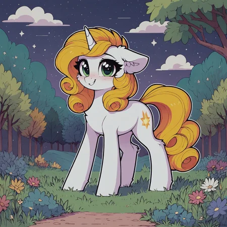 score_9, score_8_up, score_7_up, score_6_up, score_5_up, score_4_up, (thick outline:1.0), white unicorn pony, white skin, yellow curly hair, green eyes, blushing, cheek fluff, cute, ear fluff, female, floppy ears, high res, leg fluff, mare, smiling, look at you, solo, starry eyes, outdoors, grass, trees, evening sky, low cloudiness, full-length character at screen, happy