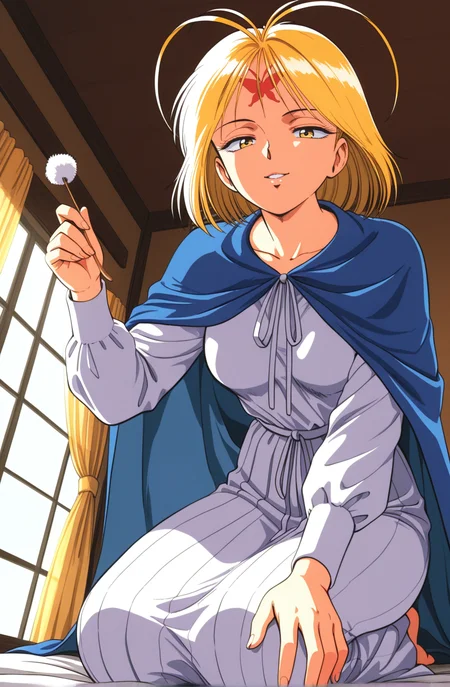 1girl,kznk1sidnpaf1o,retro artstyle,1990s \(style\), solo,sanpaku, constricted pupils,yellow eyes,half-closed eyes , antenna hair,blonde hair, short hair,red_butterfly_forehead_mark,facial mark,medium breasts,blue cape,long sleeves,long skirt,white dress,indoors,window,curtains,pov,looking at viewer,on bed,bedroom,sitting, holding mimikaki,from below, leaning forward,,parted lips , seductive smile ,seiza , indoors, close-up perspective,best quality,masterpiece,sensitive , <lora:KazenokishidanPafioNoobAI2:1>