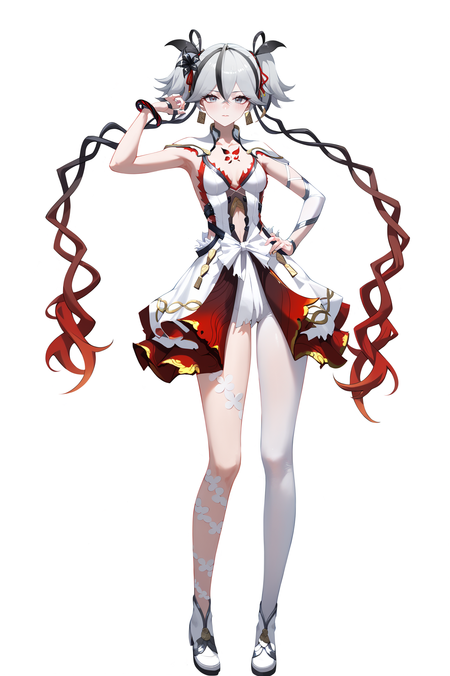 score_9, score_8_up, score_7_up, score_anime, 8k, best quality, masterpiece, (ultra-detailed), (high detailed skin), (by nanoless, by misumi \(macaroni\),:0.5), <lora:YLI 0.1v:0.25>, <lora:style1:0.25>, 
A full-body portrait of a young girl, standing gracefully, pastel art style, high-key lighting, shoujo manga influence, hd quality, delicate details, 
full body, full shot, standing, looking at viewer, (solo:1.2), simple background, white background, hand on own hip, 
<lora:chun-pony-Tanger-000018:0.8>, chun, white chun-def dress, 1girl, red floral tattoo on chest, breasts, twintails, multicolored hair, grey hair, grey eyes, dress, white single pantyhose,
