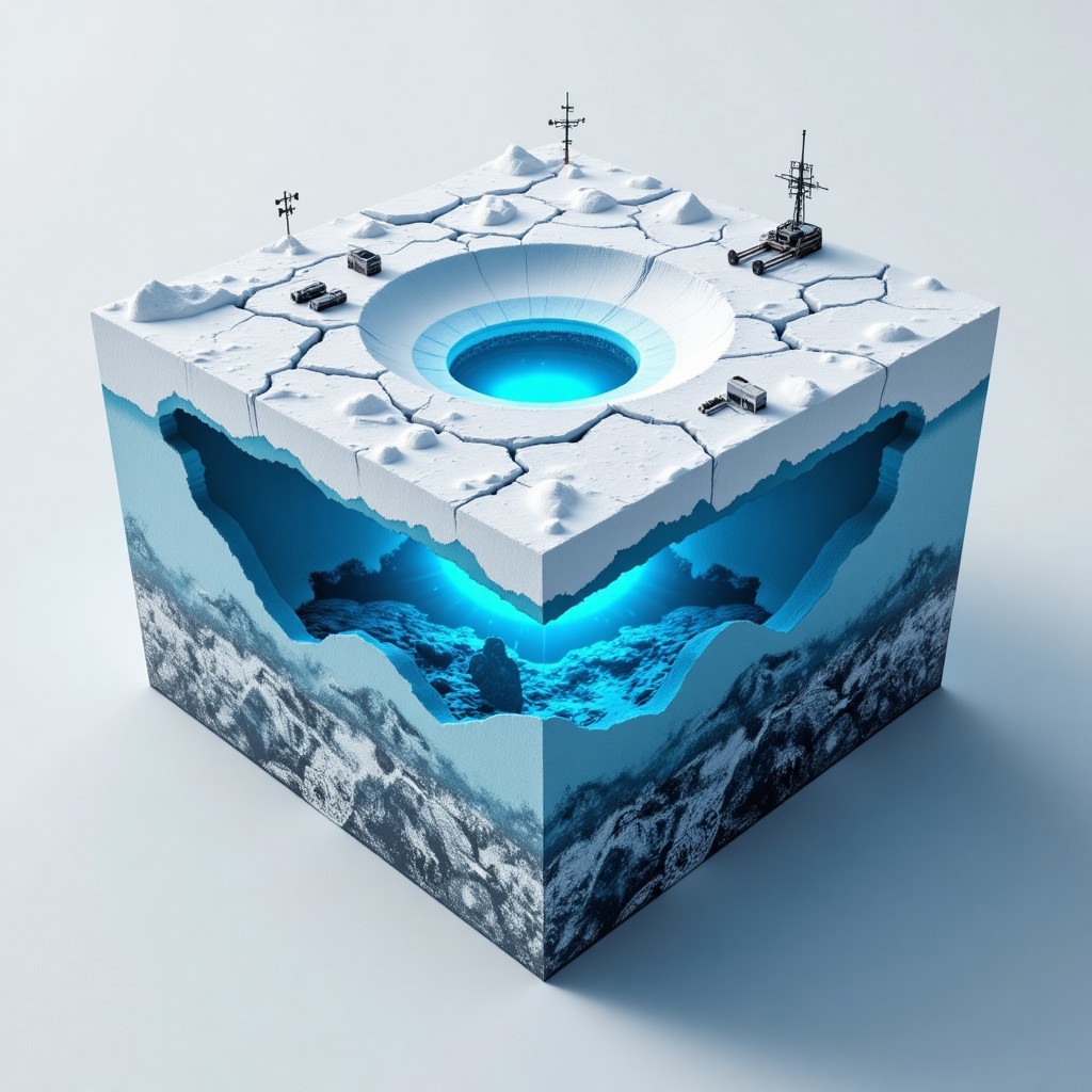 M1CR0CUB3D, aidmafluxpro1.1, A cubed arctic shelf with cracked snow layers and frozen antennas poking out. At the heart, a glowing cyan core encased in ancient ice—revealed by robotic drills and solar-powered diggers. Below the surface, a buried spacecraft is visible through translucent ice. Style: cold sci-fi, blue-on-white palette, subsurface scattering for realism.