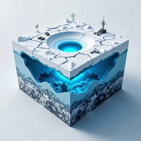 M1CR0CUB3D, aidmafluxpro1.1, A cubed arctic shelf with cracked snow layers and frozen antennas poking out. At the heart, a glowing cyan core encased in ancient ice—revealed by robotic drills and solar-powered diggers. Below the surface, a buried spacecraft is visible through translucent ice. Style: cold sci-fi, blue-on-white palette, subsurface scattering for realism.