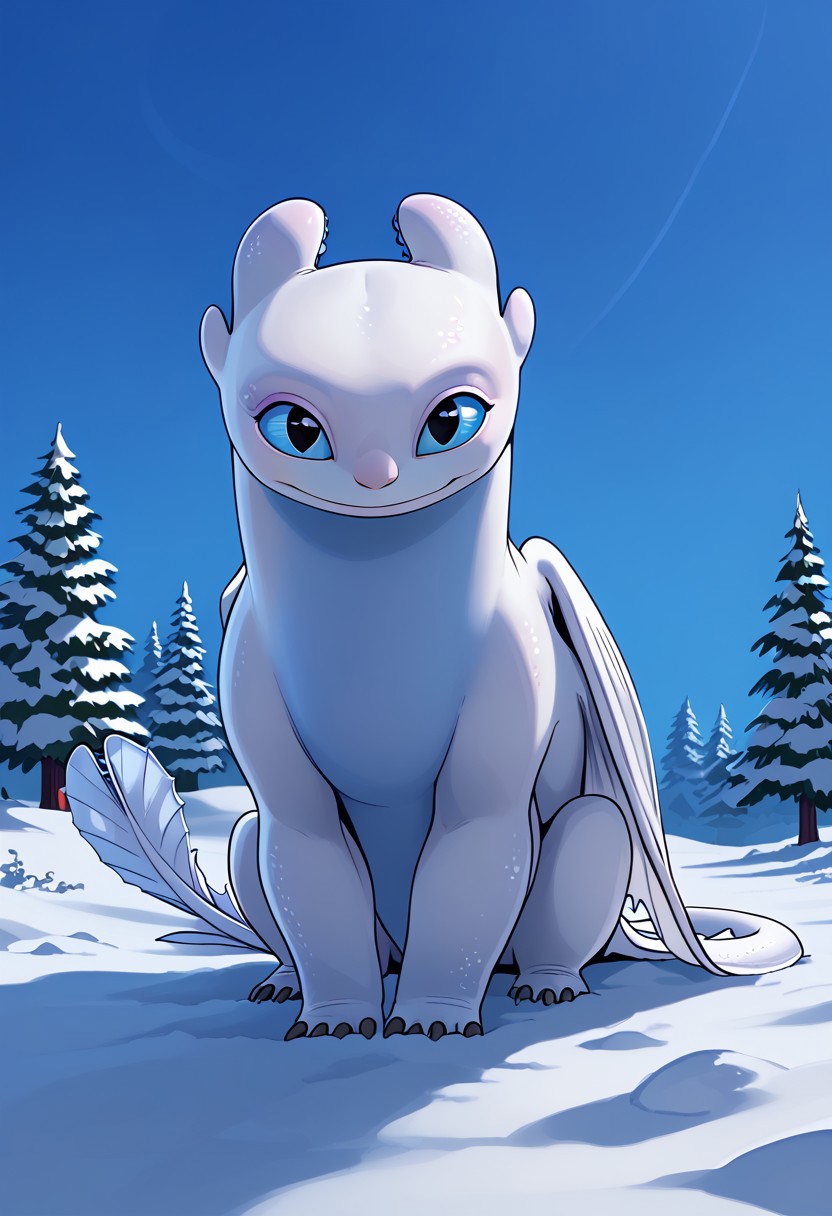 BREAK score_9, score_8_up, score_7_up, 1girl, solo, light_fury, feral, two-tone skin, white-blue skin, blue eyes, white wings, tail, (heart-shaped tail tip), smile, sitting, snow season,