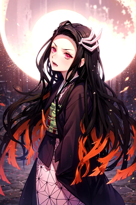 masterpiece, best quality, 1girl, kamado nezuko, demon kimetsu no yaiba, cowboy shot, demon girl, kimono, full moon, <lora:nezukolora_:0.7>, veins, fangs, red eyes, anger, claws, backlighting,