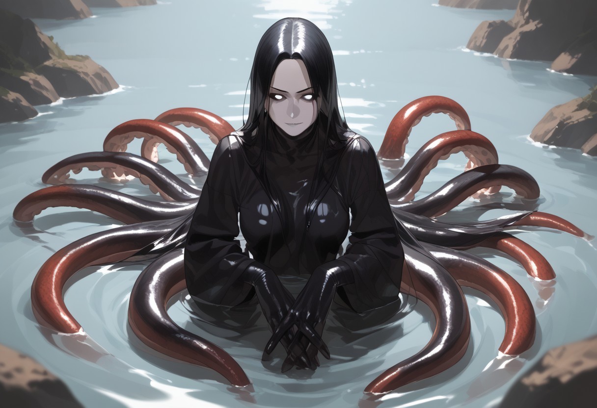 abbystea style, zPDXL2, score_9, score_8_up, score_7_up,  monster girl, beautiful face, tentacle hands, black body color, long octopus hair:1.2, black body, extremely detailed, skin texture, glistening body, red scales on body, dripping wet body, oiled, long sleeves, white face, black sclera, (shining white eyes), emerging from water, monster body, glossy eyes, arching back, seductive smirk, wicked smile, Expressiveh, mature woman, long hair, fullbody
