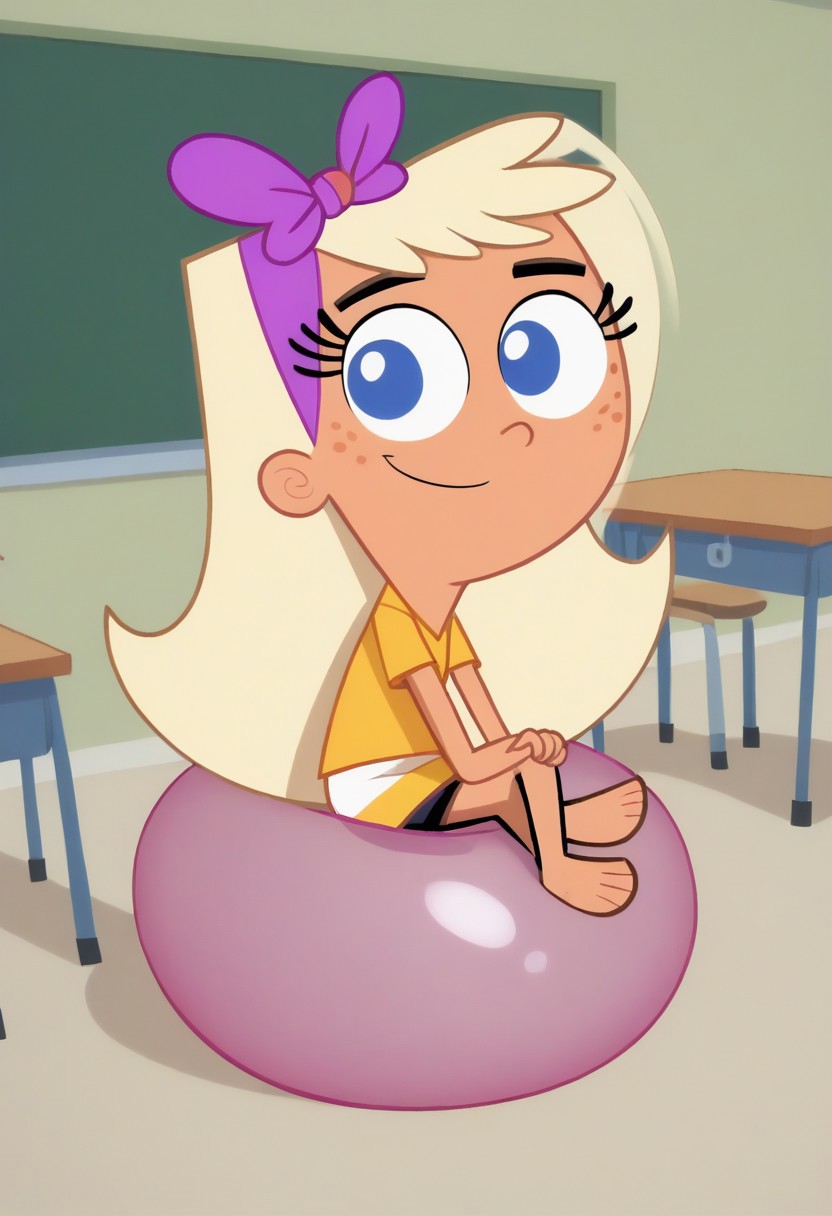 score_9, score_8, score_7, BREAK, chloe_fop, long hair, blonde hair, blue eyes, freckles, hair bow, cute, sitting, crossed legs, classroom,
safe, tame, cute, solo, sitting on a balloon, bouncing, raised legs, oblivious, innocent,