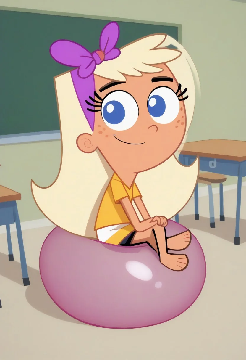 score_9, score_8, score_7, BREAK, chloe_fop, long hair, blonde hair, blue eyes, freckles, hair bow, cute, sitting, crossed legs, classroom,
safe, tame, cute, solo, sitting on a balloon, bouncing, raised legs, oblivious, innocent,