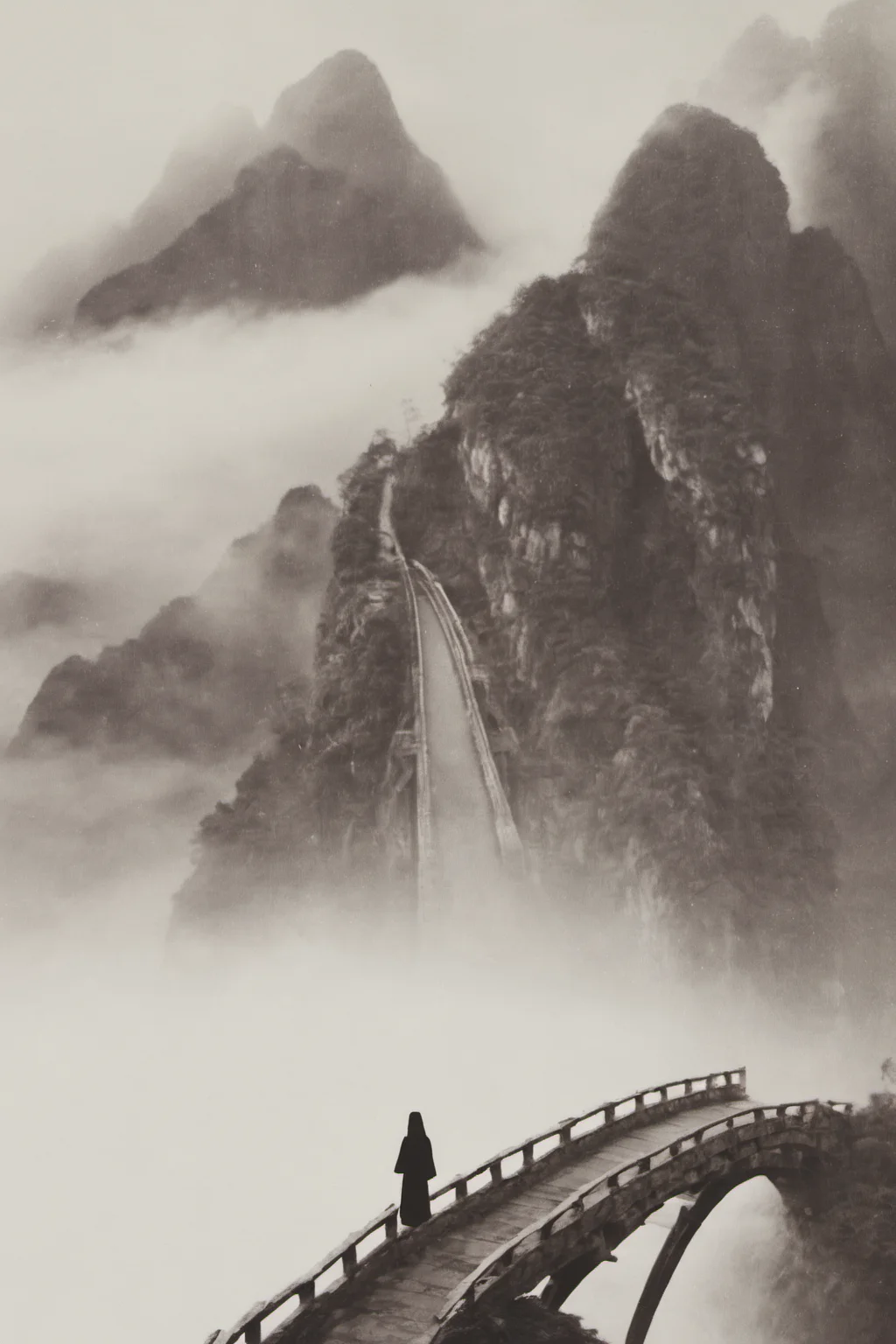 monochrome, 1 girlï¼chinese acient bridge, mountain, fog<lora:langjingshan-000005:0.8>