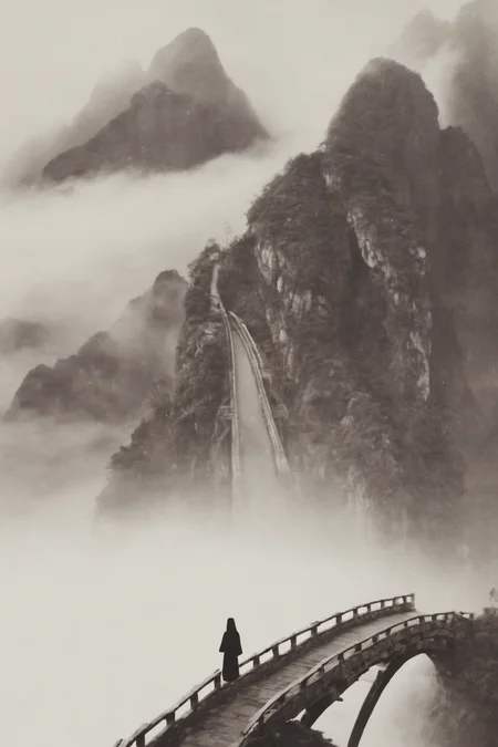 monochrome, 1 girlï¼chinese acient bridge, mountain, fog<lora:langjingshan-000005:0.8>
