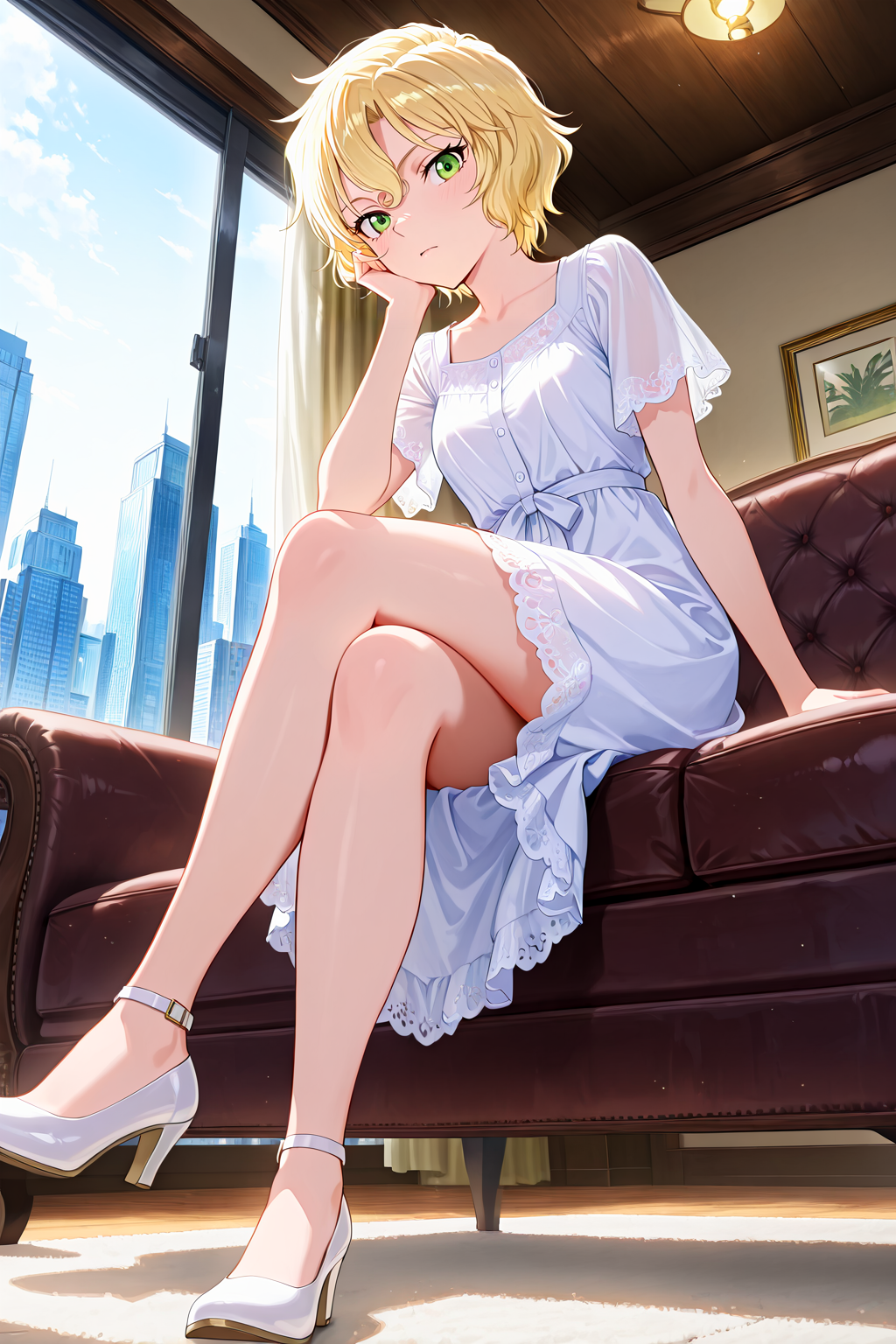 from below,
1girl,sitting,sitting on couch,crossed legs,full body,inside,city,looking at viewer,head rest,from front,white dress,
Best quality,masterpiece,soft light,official art,masterpiece,high quality,highres,absurdres,epic scene,natural textures,highest quality,8K,Ultra-HD,ultra detail,epic scene,natural textures,<lora:Mary Sera IL V3:1>,mary sera,blonde hair,short hair,green eyes,