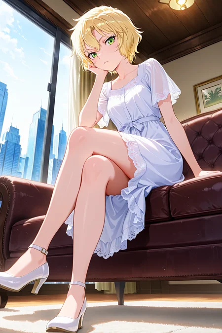 from below,
1girl,sitting,sitting on couch,crossed legs,full body,inside,city,looking at viewer,head rest,from front,white dress,
Best quality,masterpiece,soft light,official art,masterpiece,high quality,highres,absurdres,epic scene,natural textures,highest quality,8K,Ultra-HD,ultra detail,epic scene,natural textures,<lora:Mary Sera IL V3:1>,mary sera,blonde hair,short hair,green eyes,