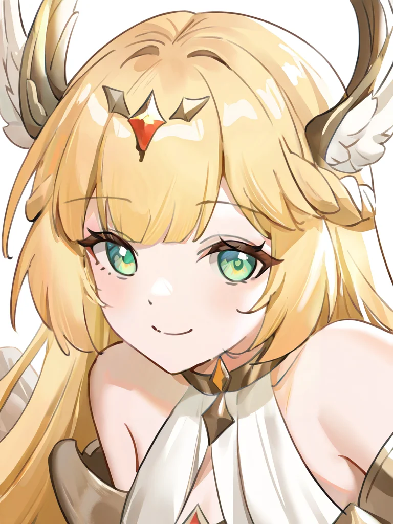 mijiale,blonde hair,green eyes,white dress,head wings,1girl,solo,looking at viewer,simple background,white background,looking at viewer,,smile,close-up,<lora:mijiale-000014>, masterpiece, best quality, very aesthetic, absurdres,newest, incredibly absurdres,