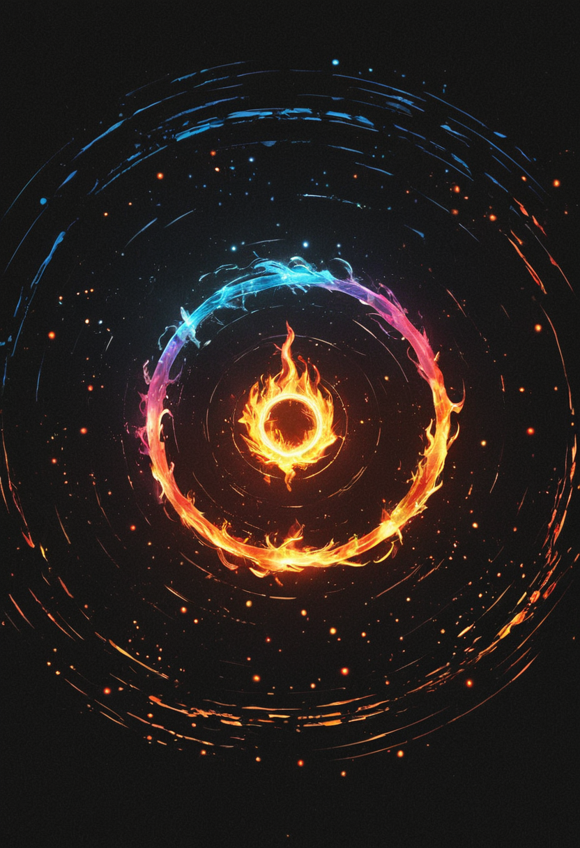 concept art <lora:R0k00bstr0ctHD:1>,r0k00bstr0cthd,r0k00bl0ckb0ckgr00ndhd,(shiny, fire, multicolored, black background, glowing, magic circle, aura), . digital artwork, illustrative, painterly, matte painting, highly detailed