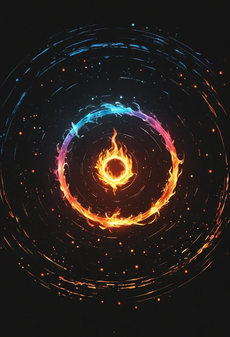 concept art <lora:R0k00bstr0ctHD:1>,r0k00bstr0cthd,r0k00bl0ckb0ckgr00ndhd,(shiny, fire, multicolored, black background, glowing, magic circle, aura), . digital artwork, illustrative, painterly, matte painting, highly detailed