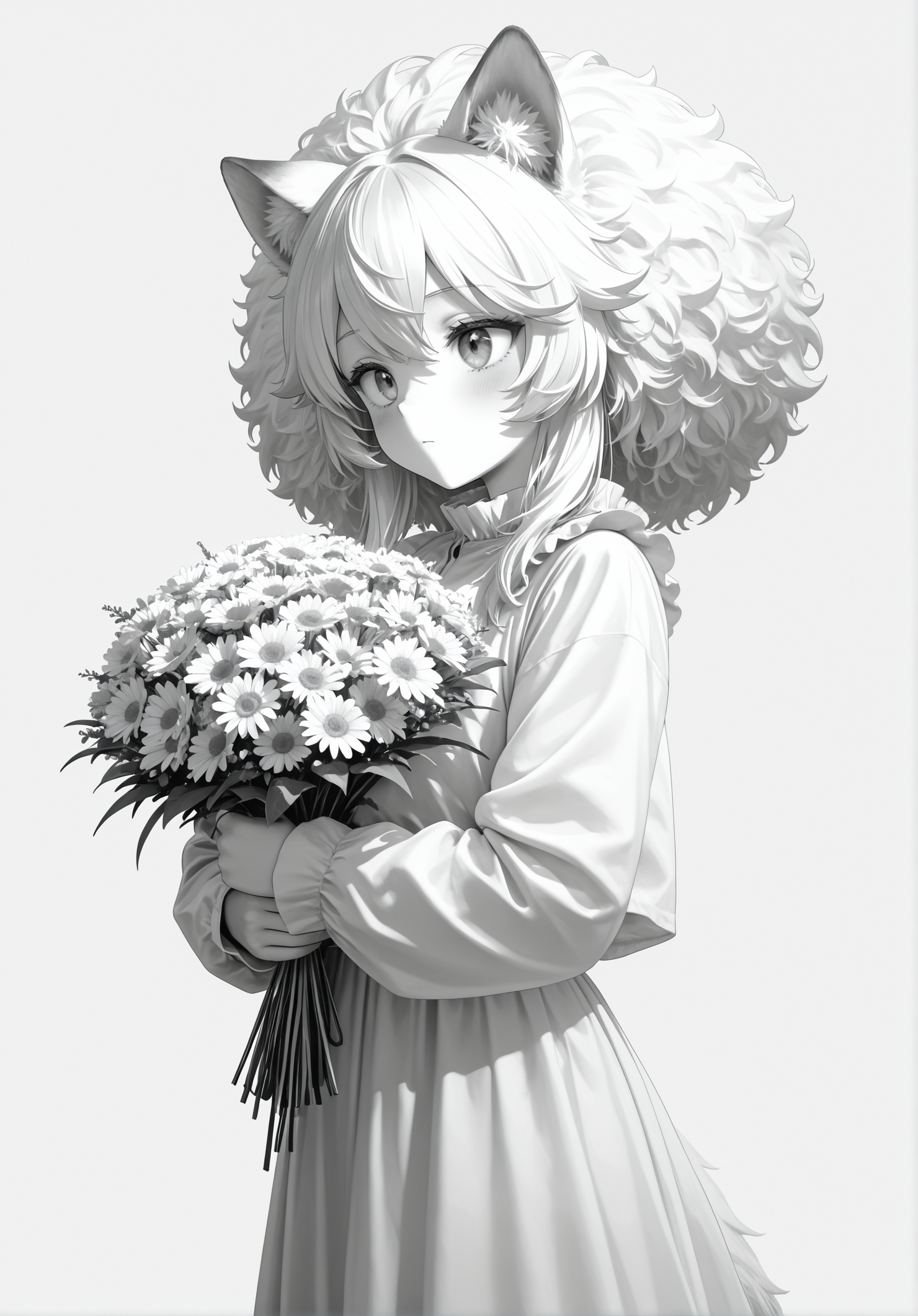 texture masterpiece, best quality, best quality, [quasarcake:crain1art:9], [dlgeria::9], (xxyt-xx:0.85), chen bin, (as109:0.5), fagun_yibei, berryverrine, Italian, anime,
cinematic, 1girl, gradient white (monochrome:0.65), fluffy hair, (from_side:0.67), looking ahead, afro, hair_flaps, big hair, animal_ears, simple background, thick outlines, Standing, pretending to hold a bouquet of daisies
