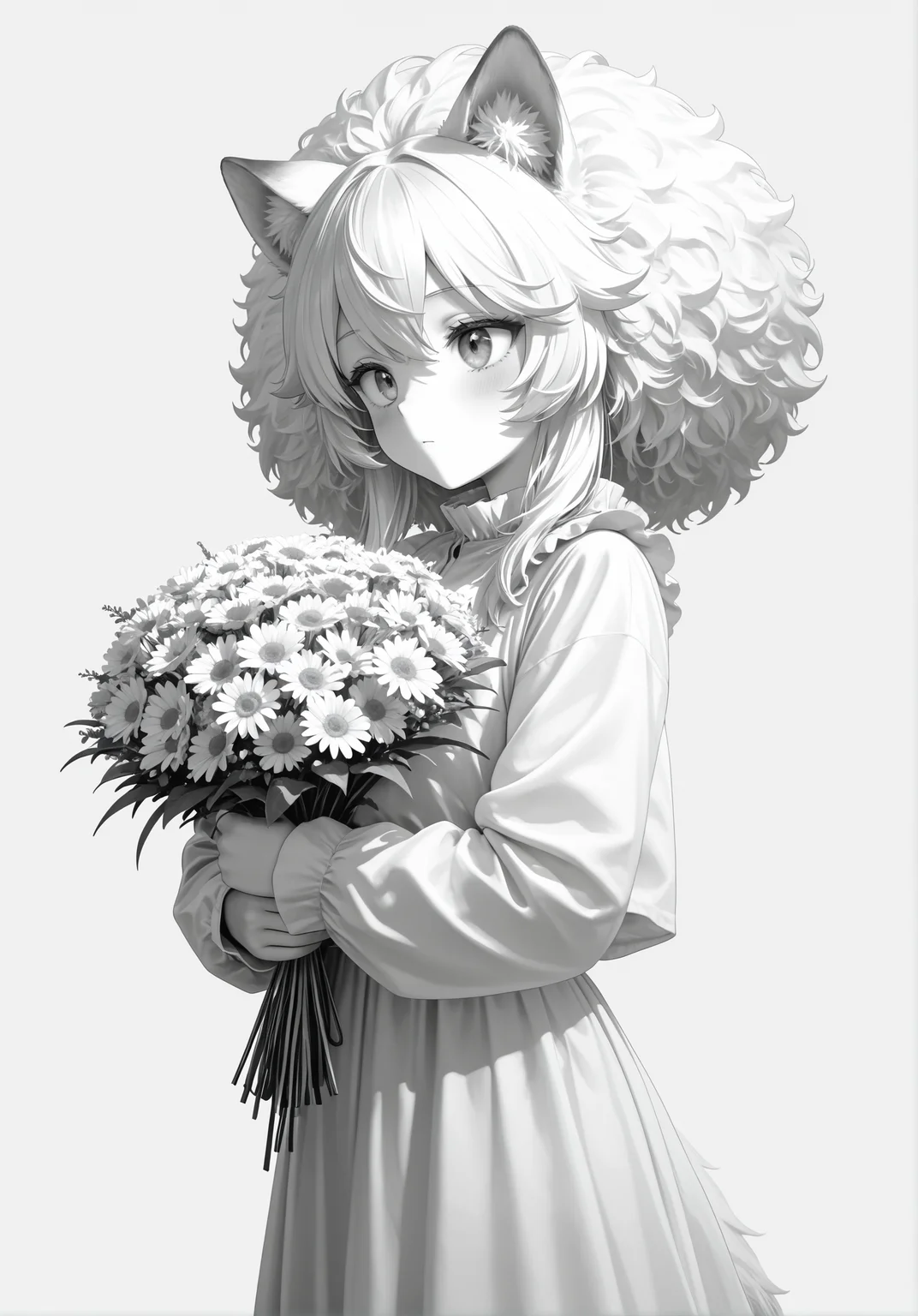 texture masterpiece, best quality, best quality, [quasarcake:crain1art:9], [dlgeria::9], (xxyt-xx:0.85), chen bin, (as109:0.5), fagun_yibei, berryverrine, Italian, anime,
cinematic, 1girl, gradient white (monochrome:0.65), fluffy hair, (from_side:0.67), looking ahead, afro, hair_flaps, big hair, animal_ears, simple background, thick outlines, Standing, pretending to hold a bouquet of daisies