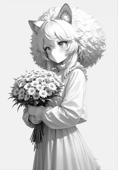 texture masterpiece, best quality, best quality, [quasarcake:crain1art:9], [dlgeria::9], (xxyt-xx:0.85), chen bin, (as109:0.5), fagun_yibei, berryverrine, Italian, anime,
cinematic, 1girl, gradient white (monochrome:0.65), fluffy hair, (from_side:0.67), looking ahead, afro, hair_flaps, big hair, animal_ears, simple background, thick outlines, Standing, pretending to hold a bouquet of daisies