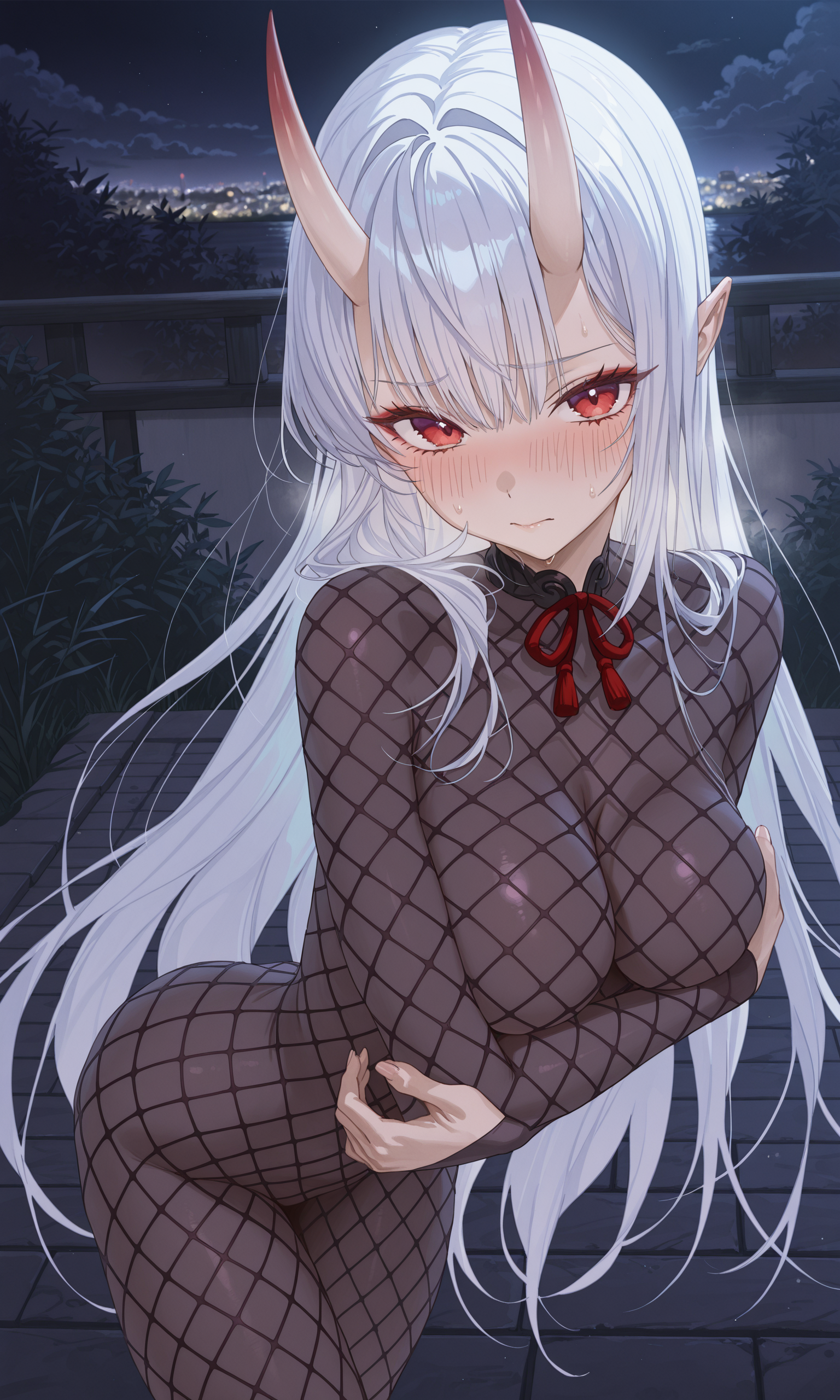 masterpiece, best quality, high resolution, absurdres, 1girl, xhxgstyle, oni, skin-covered_horns, white_hair, red_eyes, fishnet_bodystocking, medium_breasts, looking_at_viewer, embarrassed, outdoors, night, arm_under_breasts, nude