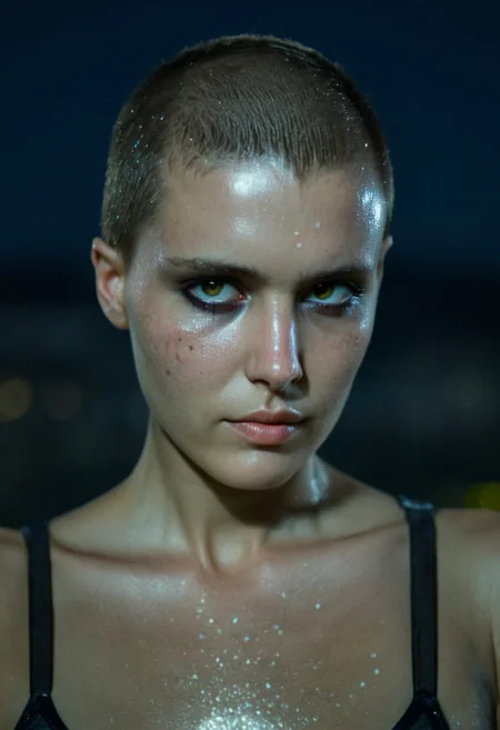 Buzzcut, no hair, bald, Blade Runner style, cinematic film still, (Skin Texture, pores, natural,iPhone,RAW)), natural lighting, Highest Quality closeup Portrait photo of a woman with a ((buzzcut)), silver eyes, Nikon Z9, realistic matte skin, blurry city in the background, at night, moody, epic, gorgeous, 8K,