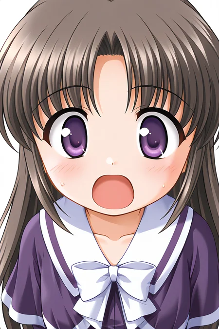 masterpiece, best quality, absurdres, official art, official style, general BREAK <lora:nonoharayui_IL_v1-3:0.7>, nonohara yui, 1girl, solo, purple eyes, brown hair, black hair, parted bangs, long hair, straight hair, flat chest, aged down, school uniform, purple capelet, white sailor collar, white bowtie, sailor dress, purple dress, short dress, white line, short sleeves, close-up, portrait, upper body, eye focus,
blush, :d, :o, front view, looking at viewer, open mouth, surprised, wide-eyed