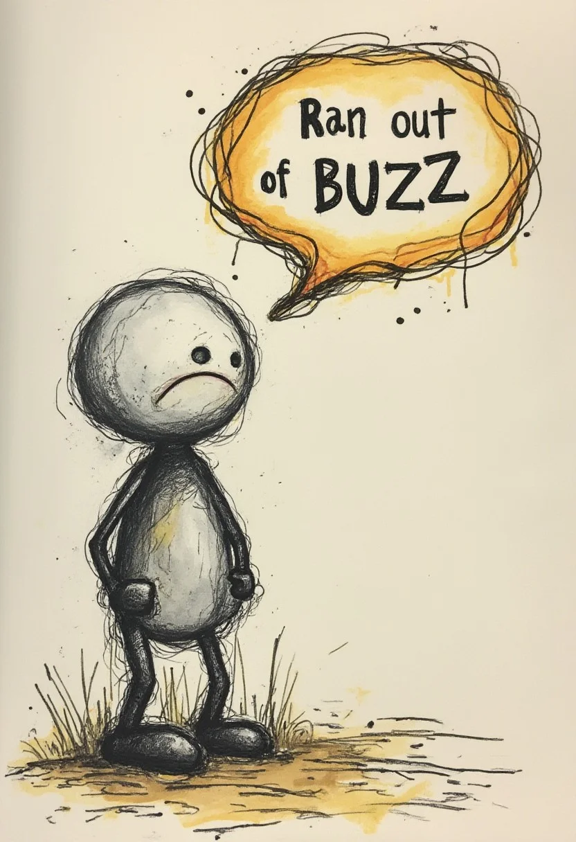 sad stick figure, speechbubble saying 'ran out of buzz'