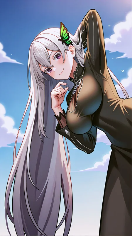 zPDXLxxx,score_9,score_8_up,score_7_up,score_6_up,score_5_up,score_4_up,source_anime,masterpiece,best quality,perfect anatomy,very aesthetic,absurdres,
<lora:Quality tweaker_last:-2>,
<lora:Breast Slider - Pony_alpha1.0_rank4_noxattn_last:2>,
<lora:azurlaneXLP6lokrV4236T2:0.5>,
solo,blush,smile,
leaning forward,from side,from below,bent over,adjusting hair,arm behind head,
<lora:Echidna PonyXL Anzhc v1.6:1>,
echidna,purple eyes,white hair,hair between eyes,very long hair,butterfly hair ornament,
original dress,black dress,