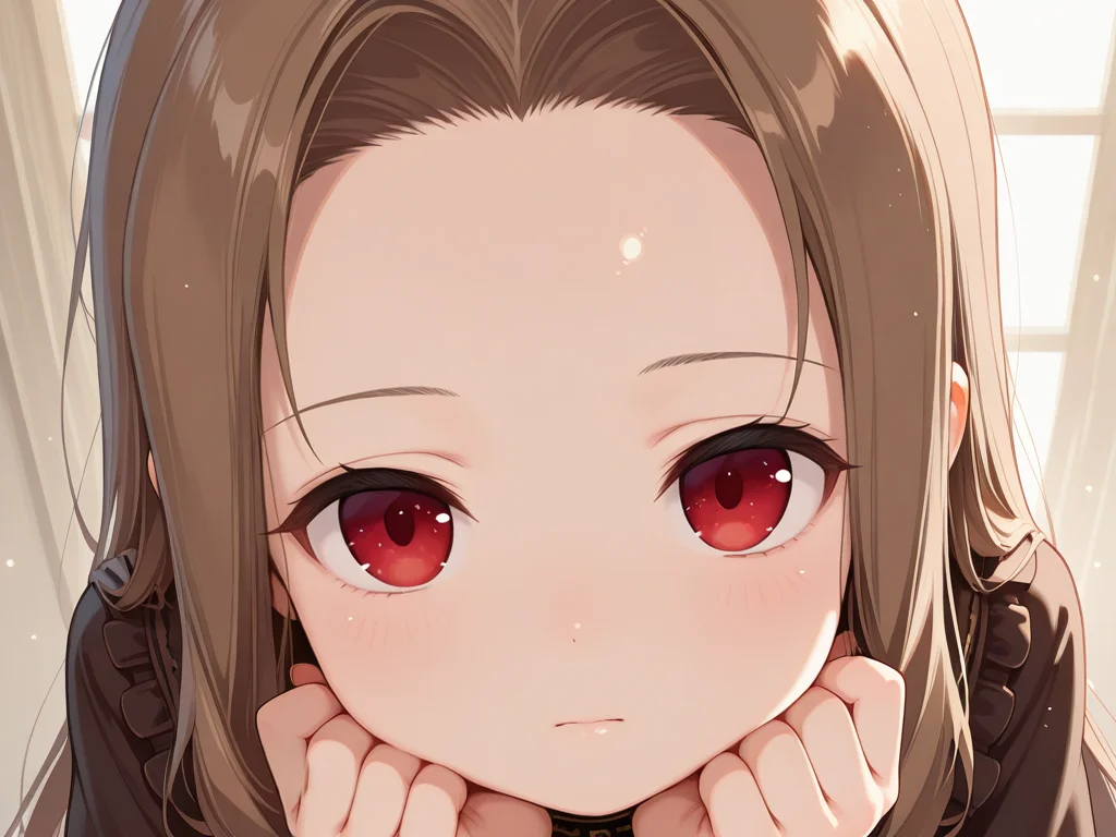 <lora:IL_Fleta:1>,1girl,solo,mb_fl,Fleta,red eyes,brown hair,forehead,goth_fashion,from above,light particles,head rest,looking at viewer,close-up of face,(face close up, zoom in:1.5),, masterpiece,amazing quality,best quality,ultra-detailed,8K,illustration,CG,shiny hair,clear skin,ultra-detailed-eyes,ultra-detailed-background,