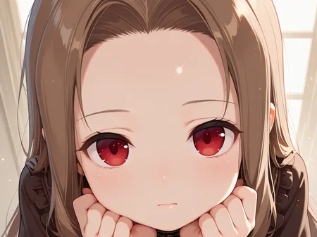 <lora:IL_Fleta:1>,1girl,solo,mb_fl,Fleta,red eyes,brown hair,forehead,goth_fashion,from above,light particles,head rest,looking at viewer,close-up of face,(face close up, zoom in:1.5),, masterpiece,amazing quality,best quality,ultra-detailed,8K,illustration,CG,shiny hair,clear skin,ultra-detailed-eyes,ultra-detailed-background,