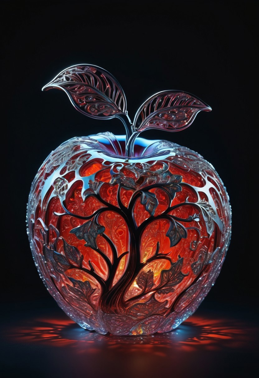best quality, masterpiece, high resolution, intricate detailed, beautiful photo, hyper-realistic digital artwork,
delicate and transparent vermilion sculpture of an  apple made 0of stained glass, artistic, sparkling dynamic colors, glitter, luminous opalescent, insanely detailed beautiful apple crystallized, meticulously detailed filigree apple, hypermaximalist bioluminescent glowing apple, shimmering, sparkling, extreme contrast and saturation, underwater particles, magical fantasy artwork, ultra high quality,