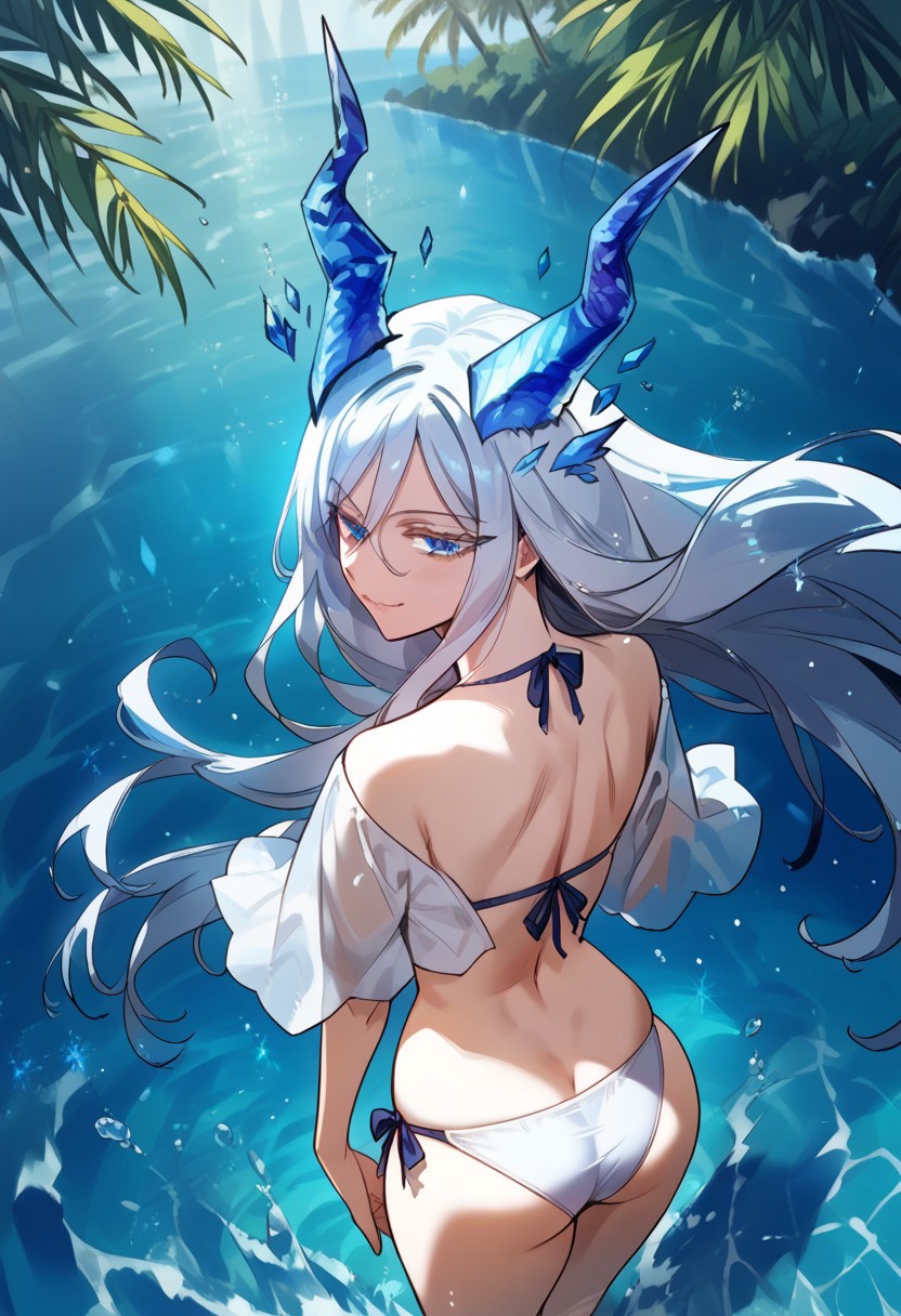 zPDXL3, score_9_up, score_8_up, score_7_up, (Anime_source), 1girl, Merenia, blue eyes, white eyebrows, white hair, long hair, dragon horns, crystal floating on head, cowboy shot, standing in water, looking at viewer, closed mouth, smile, from behind, looking back, from above, palm trees, light blush, bikini, white theme, water waves, water drops, particles