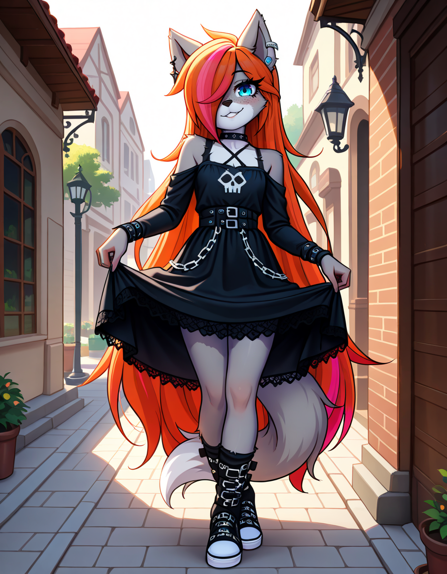 masterpiece, best quality, very aesthetic, absurdres,
outdoors,
full body, standing, posing, 
goth fashion, 
seductive smile, parted lips, long eyelashes,
<lora:Kayla_Kitsune_v01_NAIXL:1>
K4yl4_K1tsun3,1girl,solo,furry,furry female,very long hair,multicolored hair,orange hair,pink hair,streaked hair,hair over one eye,wolf ears,earrings,blue eyes,freckles,snout,animal nose,body fur,two-tone fur,wolf tail