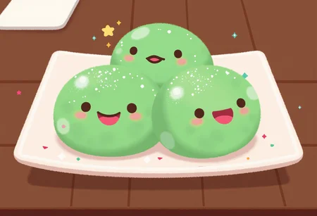 pikaole of a plate of happy green mochi balls with cute simple faces, they are giggling and smiling, some are blushing, they have powdered white sugar sprinkled on them, they are on a square porcelain plate on a wooden table in a japanese restaurant