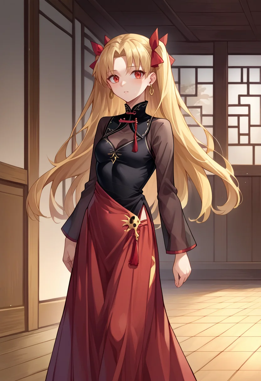 score_9, score_8_up, source_anime, EreshkigalYouming, two side up, hair ribbon, vietnamese dress, black dress, red skirt, long skirt, long sleeves, see-through, standing, indoors, <lora:CHAR-EreshkigalPonyXL:1>