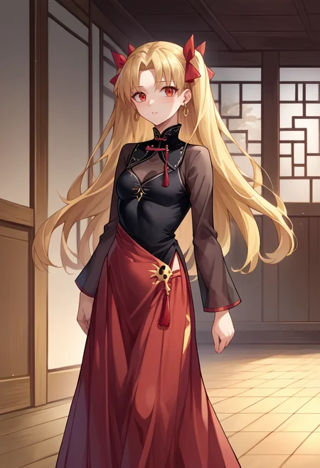 score_9, score_8_up, source_anime, EreshkigalYouming, two side up, hair ribbon, vietnamese dress, black dress, red skirt, long skirt, long sleeves, see-through, standing, indoors, <lora:CHAR-EreshkigalPonyXL:1>
