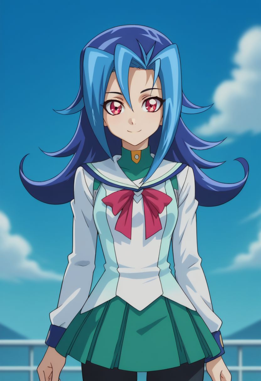 score_9, score_8_up, score_7_up, source_anime, highly detailed, 
rio, solo, 1girl, thighhighs, blue hair, long hair, multicolored hair, black thighhighs, flipped hair, style parody, smile, skirt, two-tone hair, looking at viewer, pink eyes, red eyes, long sleeves, upper body,
outdoor,
