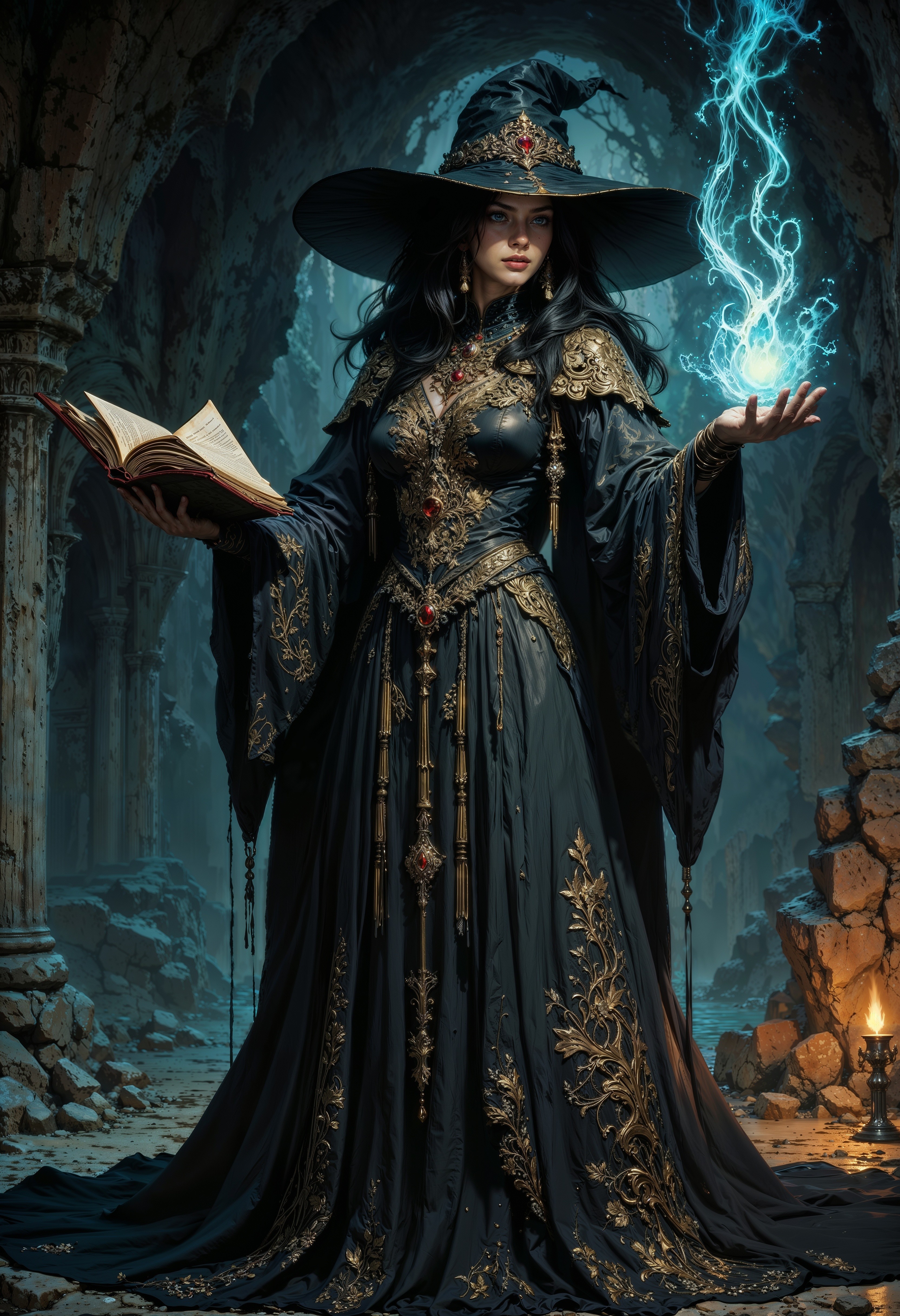 a digital artwork depicting a mystical scene with a female witch as the central figure. She is portrayed in a dynamic pose, seemingly mid-cast of a spell. She is dressed in an elaborate, flowing black witch's robe adorned with intricate gold patterns and lace trim. The robe has long sleeves and a high collar, with a large, wide-brimmed black hat that casts a shadow over her face, partially obscuring her features. Her long, dark hair cascades down her back, blending with the shadows.
In her right hand, she holds an open, ornate book with a glowing, magical aura emanating from it. Her left hand is raised, palm open, with a swirling, ethereal blue light emanating from it, indicating she is casting a spell. The background is dark and ominous, with a rocky, jagged terrain and a faint glow suggesting a cave or ancient ruins setting. To the right, a small, flickering torch casts a warm light, adding to the mystical atmosphere. The overall color palette is dominated by dark tones, with striking blue and gold accents, creating a sense of magic and mystery. The textures are rich and detailed, enhancing the enchanting and otherworldly feel of the scene.