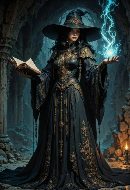 a digital artwork depicting a mystical scene with a female witch as the central figure. She is portrayed in a dynamic pose, seemingly mid-cast of a spell. She is dressed in an elaborate, flowing black witch's robe adorned with intricate gold patterns and lace trim. The robe has long sleeves and a high collar, with a large, wide-brimmed black hat that casts a shadow over her face, partially obscuring her features. Her long, dark hair cascades down her back, blending with the shadows.
In her right hand, she holds an open, ornate book with a glowing, magical aura emanating from it. Her left hand is raised, palm open, with a swirling, ethereal blue light emanating from it, indicating she is casting a spell. The background is dark and ominous, with a rocky, jagged terrain and a faint glow suggesting a cave or ancient ruins setting. To the right, a small, flickering torch casts a warm light, adding to the mystical atmosphere. The overall color palette is dominated by dark tones, with striking blue and gold accents, creating a sense of magic and mystery. The textures are rich and detailed, enhancing the enchanting and otherworldly feel of the scene.