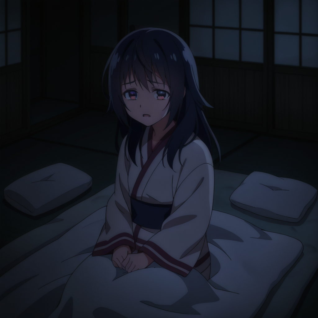 nsfw, masterpiece, best quality, 1girl, solo, seirei_gensouki_sayo, sitting, japanese clothes, white kimono, sad, pillow, long hair, hair down, open mouth, black hair, dark, futon, long sleeves, blanket, sliding doors, dark, looking at viewer, <lora:Sayo_-_Seirei_Gensouki:0.7>