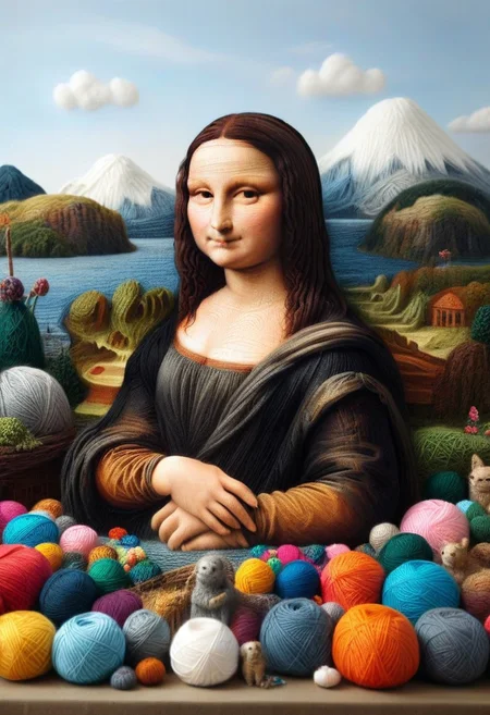 yrnwrld, made of yarn, high quality,masterpiece,absurdres,incredible composition,extremely detailed, Mona Lisa