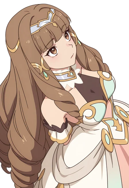 Smooth Quality,masterpiece,very intricate, high quality details, ultra realistic, high detailed skin,detailed enviorement,
white background, simple background, solo, 
sideways,standing, arms behind back, looking up, calm expression, relaxed posture,  ,o o,
 <lora:Klyrode_Elizabeth_Cinabrio:0.8> klyrodeelizabeth/cnn, 1girl,brown hair, long hair,brown eyes, blunt bangs, very long hair,
drill hair, princessdress/cnn, tiara,jewelry,hair ornament,