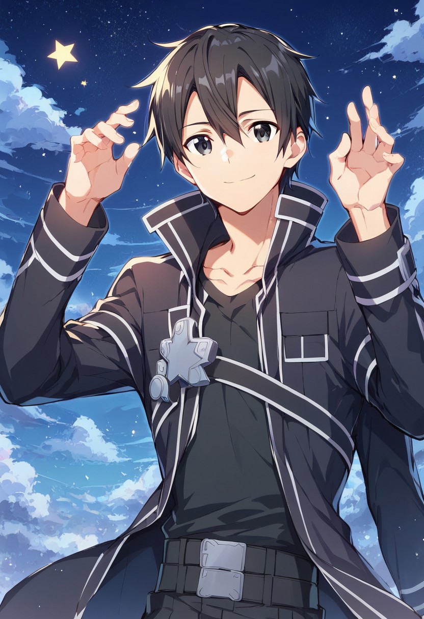 Score_9, score_8_up, score_7_up, score_6_up, scre_5_up, source_anime, BREAK, coat, belt, 1boy, solo, black jacket,  black eyes, black coat, black shirt, jacket, smile, closed mouth, half body, night sky, stars, standing, looking at viewer, clear eyes, clear face, highest quality, kirito, kirito sword art online, two arms, two hands, two legs