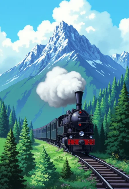 Ghiblistyle, steam train, mountain, smoke, forest