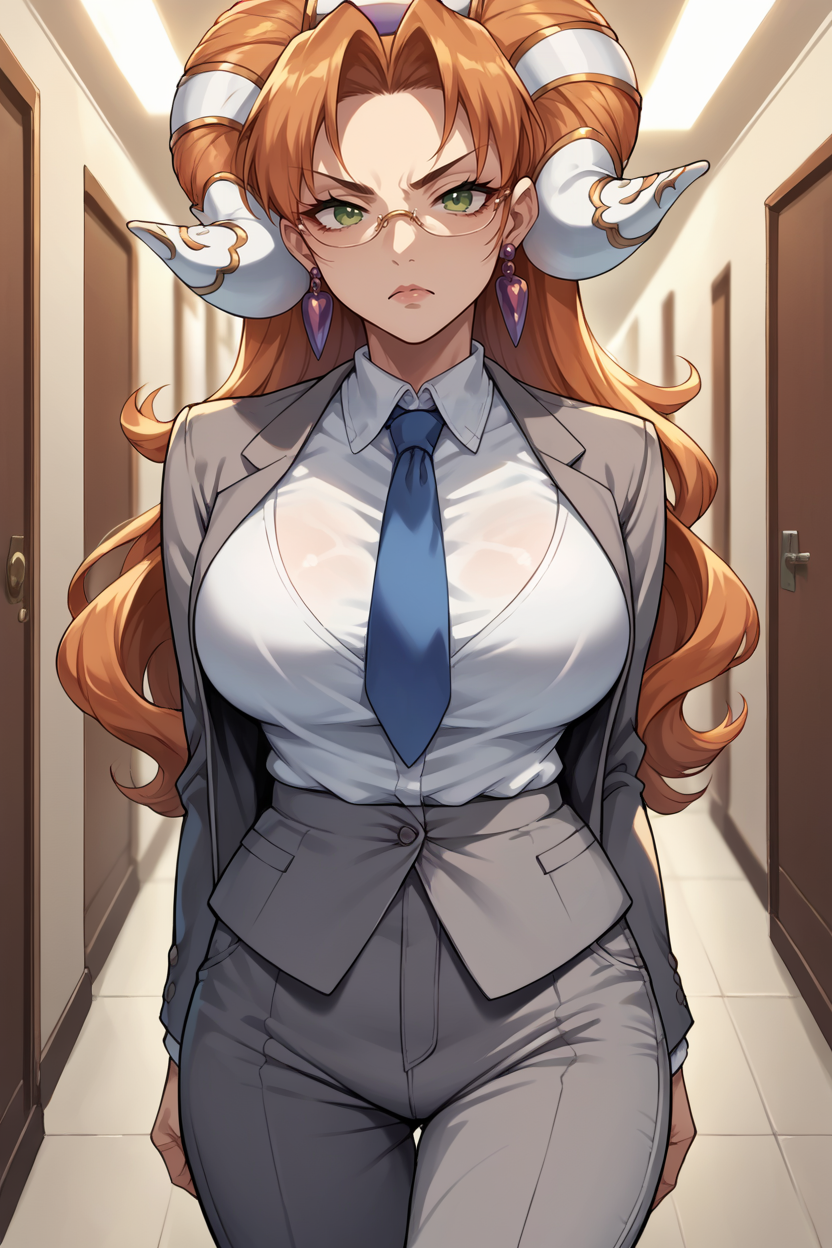 score_9, score_8_up, score_7_up, score_6_up, source_anime, BREAK 1girl <lora:millenia-pdxl-nvwls-v1-000005:1> millenia, fake horns, earrings, large breasts, office lady, grey suit, blue necktie, grey pants, looking at you, glasses, serious, hallway
