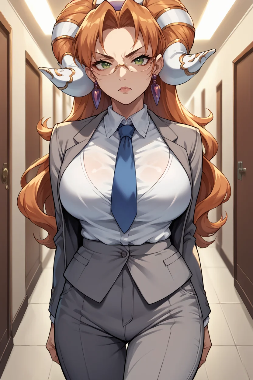 score_9, score_8_up, score_7_up, score_6_up, source_anime, BREAK 1girl <lora:millenia-pdxl-nvwls-v1-000005:1> millenia, fake horns, earrings, large breasts, office lady, grey suit, blue necktie, grey pants, looking at you, glasses, serious, hallway
