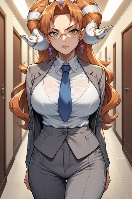 score_9, score_8_up, score_7_up, score_6_up, source_anime, BREAK 1girl <lora:millenia-pdxl-nvwls-v1-000005:1> millenia, fake horns, earrings, large breasts, office lady, grey suit, blue necktie, grey pants, looking at you, glasses, serious, hallway